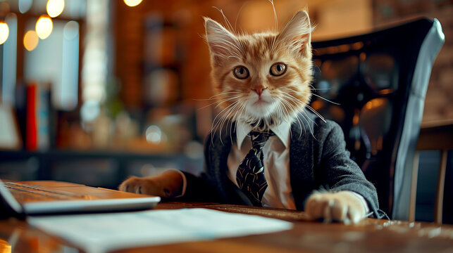 Business Cat works on a laptop