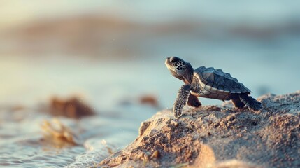 Fototapeta premium a baby turtle standing on a rock by the beach.AI generated image