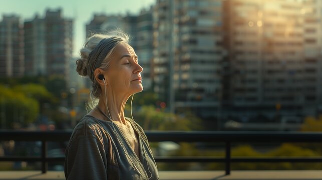 Senhora idosa respirando profundamente enquanta pega sol e recupera vitamina D, ouvindo m&uacute;sica com seus fones de ouvido