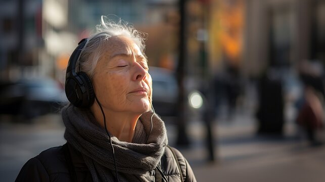 Senhora idosa respirando profundamente enquanta pega sol e recupera vitamina D, ouvindo m&uacute;sica com seus fones de ouvido aguardando os netos