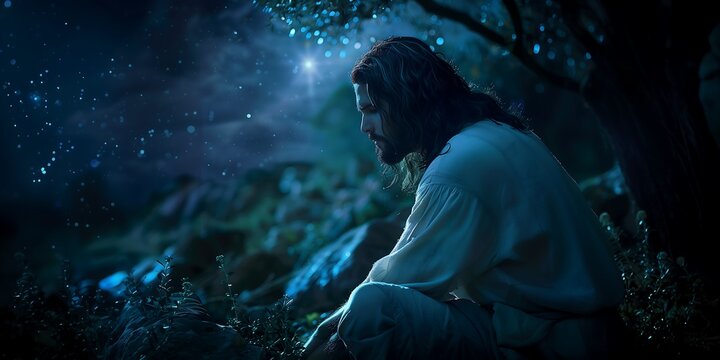 Jesus orando no jardim, ele est&aacute; cansado e dedica a noite a orar ao pai que est&aacute;s o c&eacute;us.