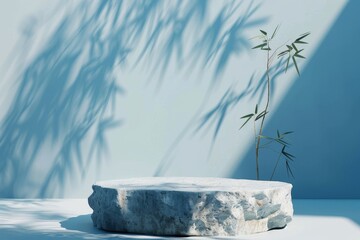 White marble stone product podium with bamboo tree and sunlight