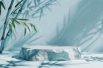 White marble stone product podium with bamboo tree and sunlight