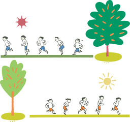 降り注ぐ日光の下ランニングする体操服の学生たちと大木　イラスト素材
