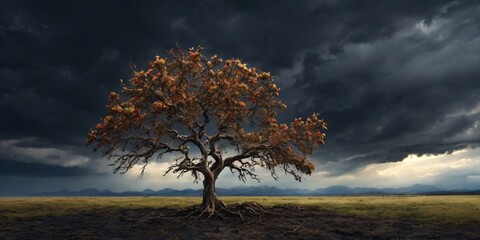 A wilted tree against a stormy sky representing strength against tough times 