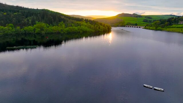 Aerial view of Ladybower Reservoir, a large artificial reservoir, the lowest of three in the Upper Derwent Valley in Derbyshire, England, UK
