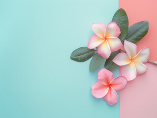 flatlay top view beautiful flower on pastel background - ai