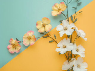 flatlay top view beautiful flower on pastel background - ai