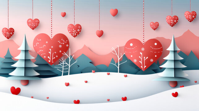 Valentine day themed paper cut style, pink festive atmosphere