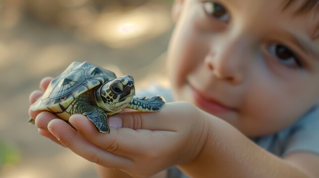 Cute baby boy holding a baby turtle in his hands.