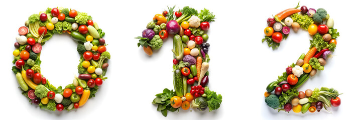Numbers 0, 1, 2.  Vegetable Alphabet: Healthy Living. - obrazy, fototapety, plakaty