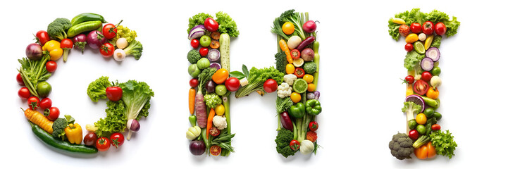 Letters G, H, I. Vegetable Alphabet: Healthy Living. - obrazy, fototapety, plakaty