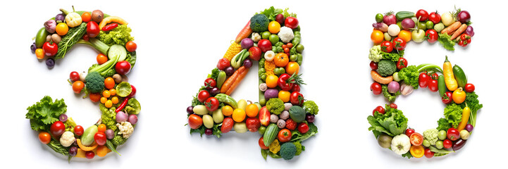 Numbers 3, 4, 5. Vegetable Alphabet: Healthy Living. - obrazy, fototapety, plakaty