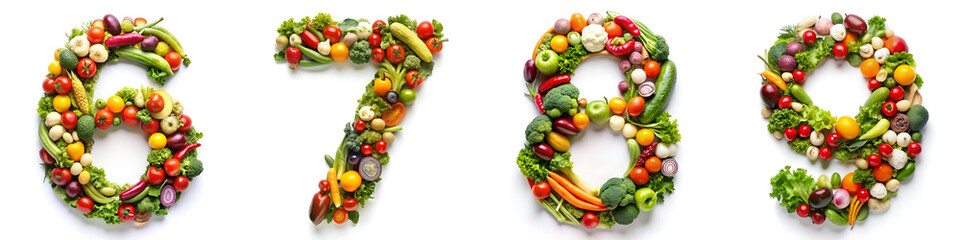 Numbers 6, 7, 8, 9. Vegetable Alphabet: Healthy Living. - obrazy, fototapety, plakaty