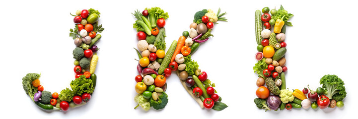 Letters J, K, L. Vegetable Alphabet: Healthy Living. - obrazy, fototapety, plakaty