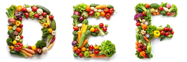 Letters D, E, F. Vegetable Alphabet: Healthy Living. - obrazy, fototapety, plakaty