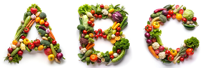 Letters A, B, C. Vegetable Alphabet: Healthy Living. - obrazy, fototapety, plakaty