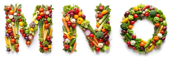 Letters M, N, O. Vegetable Alphabet: Healthy Living. - obrazy, fototapety, plakaty