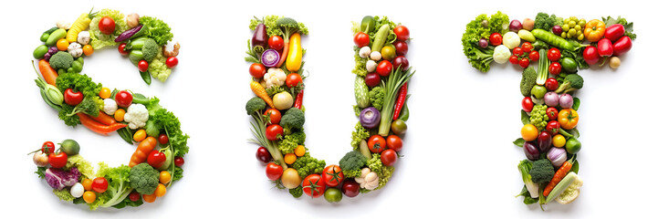Letters S, T, U. Vegetable Alphabet: Healthy Living. - obrazy, fototapety, plakaty