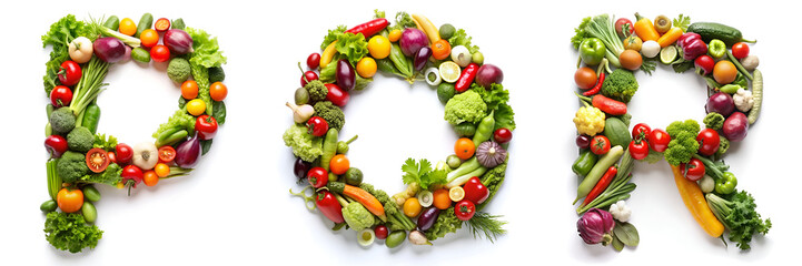Letters P, Q, R. Vegetable Alphabet: Healthy Living. - obrazy, fototapety, plakaty
