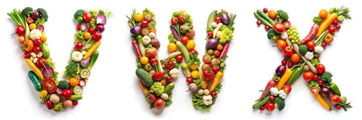 Letters V, W, X. Vegetable Alphabet: Healthy Living. - obrazy, fototapety, plakaty