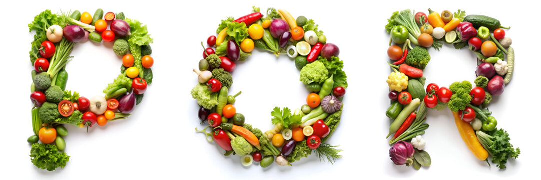 Letters P, Q, R. Vegetable Alphabet: Healthy Living.