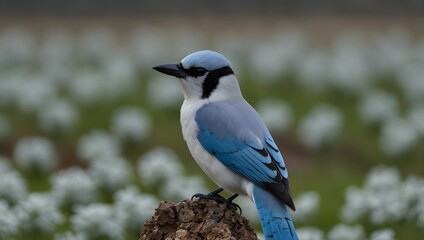 A sea of white, a solitary jay perches, its azure plumage a vibrant contrast against the pristine backdrop ai_generated - obrazy, fototapety, plakaty