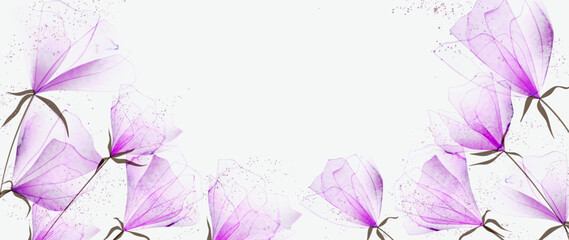 Purple transparent flowers in hand drawn watercolor style. Vector botanical floral banner for decoration, wallpaper, print, textile, packaging, interior design. - obrazy, fototapety, plakaty