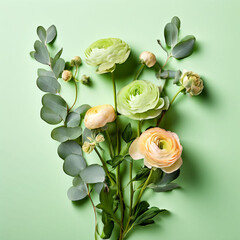 beautiful-ranunculus-flowers-and-eucalyptus-on-green-background