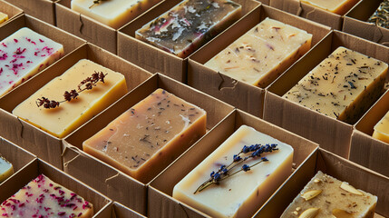 An assortment of artisanal soaps in craft packaging, each embedded with natural ingredients like...