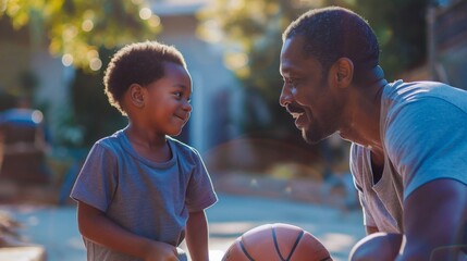 African American dad and young son smiling and playing basketball together, enjoying a sunny day outside - Powered by Adobe