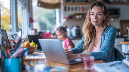 A focused Caucasian woman working on her laptop at home, with her young daughter studying in the background - Powered by Adobe