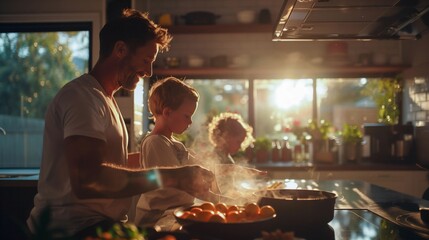 Caucasian father teaching his children to cook in a sunlit kitchen, sharing a bonding moment while preparing dinner - Powered by Adobe