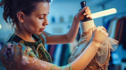 Focused Caucasian female fashion designer meticulously adjusting a detailed dress on a mannequin in her studio - Powered by Adobe