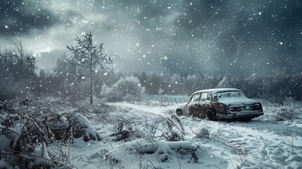 A car in a cold snowstorm. - obrazy, fototapety, plakaty