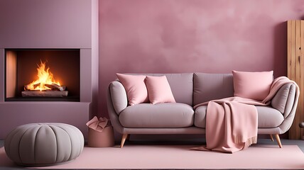  Sofa and pouf against wall with fireplace. Minimalist interior design of modern living room, home. 