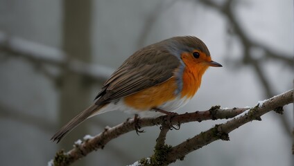  A solitary robin rests on a branch, its vibrant red breast a striking contrast against the serene backdrop of a solid white expanse ai_generated - obrazy, fototapety, plakaty
