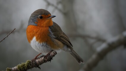  A solitary robin rests on a branch, its vibrant red breast a striking contrast against the serene backdrop of a solid white expanse ai_generated - obrazy, fototapety, plakaty