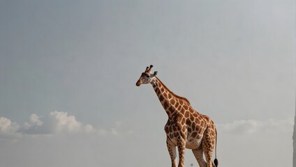 Against a backdrop of pure white, a lone giraffe towers gracefully, its long neck reaching towards the heavens in elegant contrast ai_generated - obrazy, fototapety, plakaty