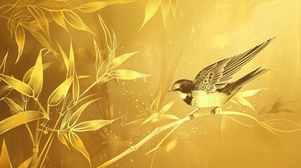 Abstract gold ink bird artwork background. - obrazy, fototapety, plakaty
