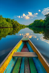 Fototapeta na wymiar Peaceful Serenity: A Wooden Boat Floating on a Mirror-Like River Under a Clear Blue Sky