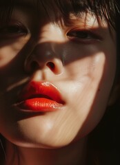 A closeup of an Asian woman's face, lit by the sun and casting shadows on her skin, highlighting its texture and glow. - obrazy, fototapety, plakaty
