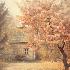 Certainly:

Autumn Charm: Nostalgic Cottage Amidst Peach Blossoms - obrazy, fototapety, plakaty