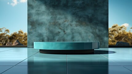 3d glass podium product stand or display with beautiful background and cinematic light, front view