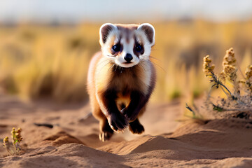 scene of Black Footed Ferret running, background of dry weeds,