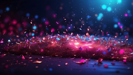 enchanting neon background with bokeh, small particles, confetti, and an eruption of sparkles. Abstract dark background. AI - obrazy, fototapety, plakaty
