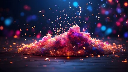 enchanting neon background with bokeh, small particles, confetti, and an eruption of sparkles. Abstract dark background. AI - obrazy, fototapety, plakaty