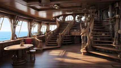 A pirate ship's deck with the galley stairs and the captain's chambers entrance. Artificial Intelligence - obrazy, fototapety, plakaty