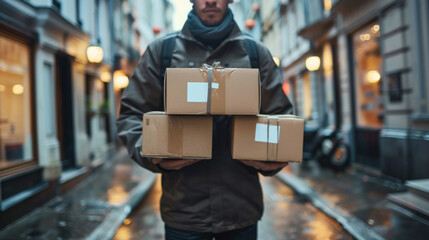Fototapeta premium A delivery man in winter attire carrying multiple cardboard packages through a rainy urban street.