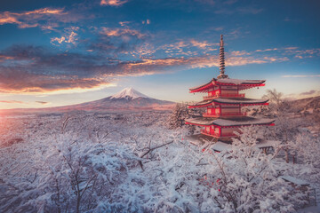Fujiyoshida, Japan Beautiful view of mountain Fuji and Chureito pagoda at sunrise of Mount Fuji...
